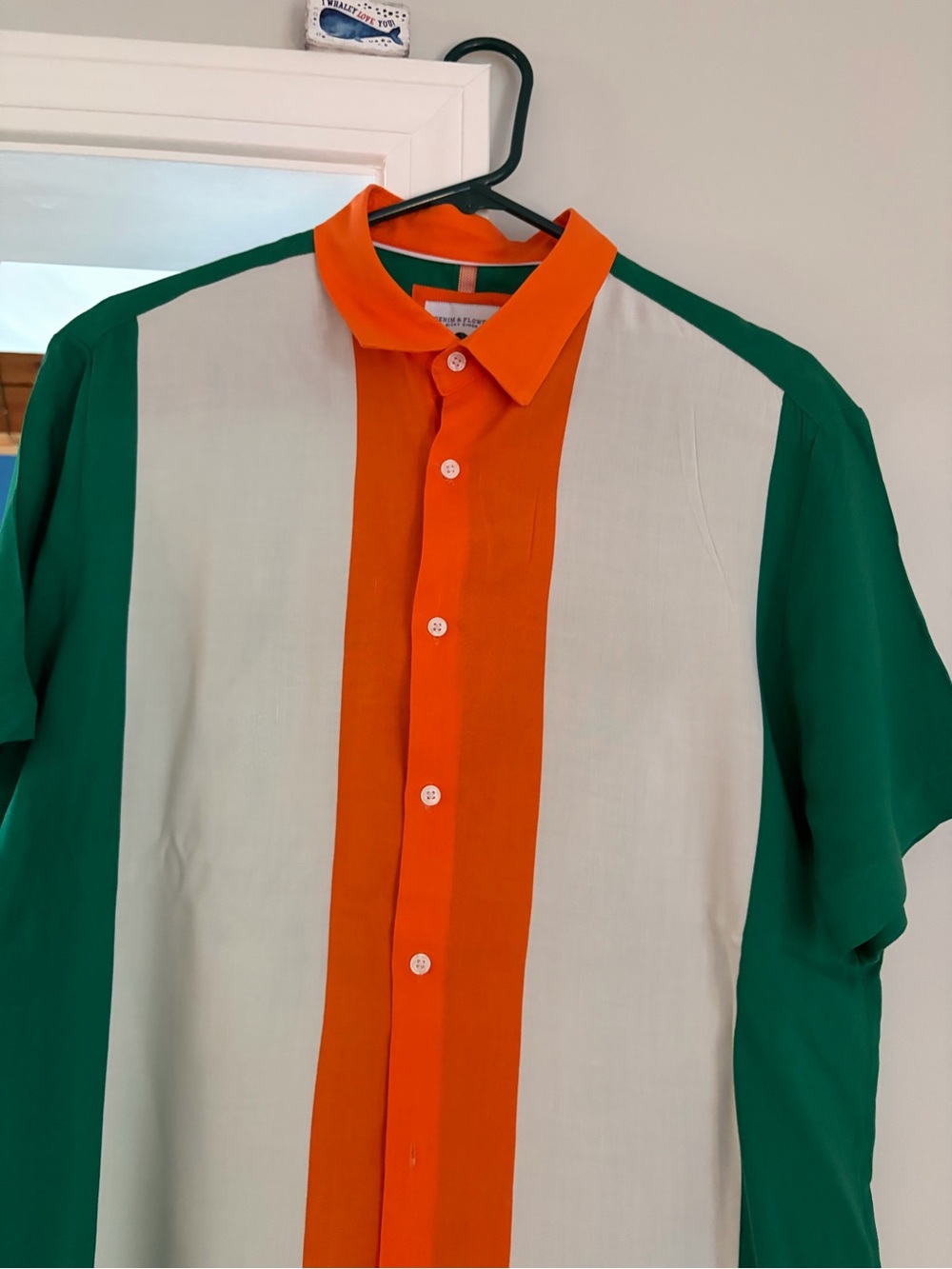 Men's Short-Sleeve Colorblock Button-Up Shirt - Orange, Green, White